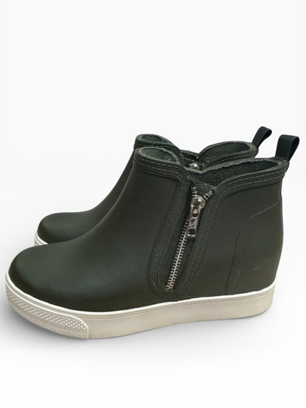 Steve Madden Wedgie Rain Booties Olive Green Rubber Zip Wedge Sneakers US 9